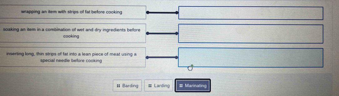 wrapping an item with strips of fat before cooking 
soaking an item in a combination of wet and dry ingredients before 
cooking 
inserting long, thin strips of fat into a lean piece of meat using a 
special needle before cooking 
:: Barding Larding :: Marinating