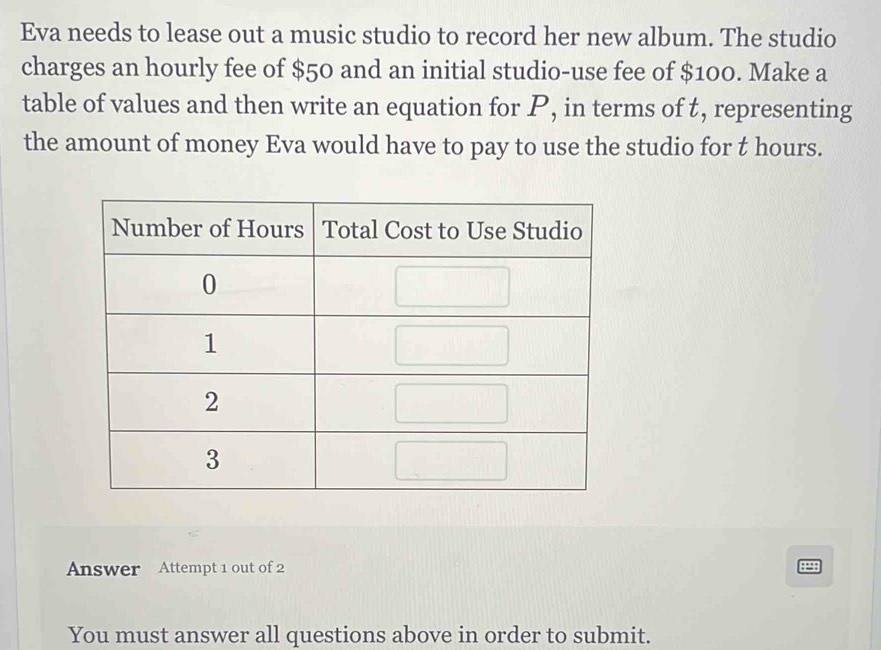 Eva needs to lease out a music studio to record her new album. The studio 
charges an hourly fee of $50 and an initial studio-use fee of $100. Make a 
table of values and then write an equation for P, in terms of t, representing 
the amount of money Eva would have to pay to use the studio for t hours. 
Answer Attempt 1 out of 2 
4 
You must answer all questions above in order to submit.