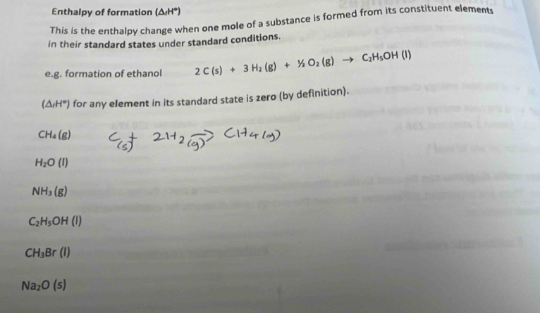 Enthalpy of formation (△ ,H^(^circ)endpmatrix 
This is the enthalpy change when one mole of a substance is formed from its constituent elements 
in their standard states under standard conditions. 
e.g. formation of ethanol 2C(s)+3H_2(g)+1/2O_2(g)to C_2H_5OH(l)
(△ _fH°) for any element in its standard state is zero (by definition).
CH_4(g)
H_2O(l)
NH_3(g)
C_2H_5OH (I)
CH_3Br(l)
Na_2O(s)