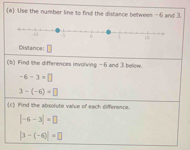 Use the number line to find the distance between −6 and 3.
-10 -5 0 5 10
Distance: 
(b) Find the differences involving -6 and 3 below.
-6-3=□
3-(-6)=□
(c) Find the absolute value of each difference.
|-6-3|=□
|3-(-6)|=□