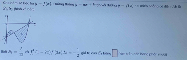 Cho hàm số bậc ba y=f(x). Đường thầng y=ax+b tạo với đường y=f(x) hai miền phẳng có diện tích là
S_1,S_2 (hình vẽ bên).
Biết S_1= 5/12  và ∈t _0^(1(1-2x)f'(3x)dx=-frac 1)2 , giá trị của S_2 bàng □ (làm tròn đến hàng phần mười)