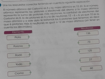 Une las respuestas correctas teniendo en cuenta la siguiente explicación.
El número atómico del Carbono es 6 y su masa atómica es 12, 01. Si el número
atómico representa los protones y electrones del átomo y la masa atómica
representa la suma de protones más neutrones, la cantidad de electrones del
Carbono es 6, la de protones es 6 y la de neutrones
masa atómica y a este dato le restamos los 6 protones que tenemos; es decir 12-6=6 , ya que 12 es la
que 6 protones más 6 neutrones es igual a 12 de masa atómica (sin tener en
cuenta los decimales).
Neutrones
Elemento
136
Plata
73
Polonio
125
Radó
27
Yodo
60
Cromo