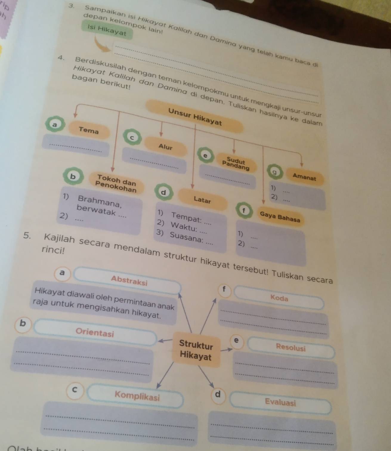 depan kelompok lain! 
Isi Hikayat 
_ 
3. Sampaikan isi Hikayɑt Kalilah dan Daming yang telah kamu baca 
_ 
bagan berikut! 
4. Berdiskusilah dengan teman kelompokmu untuk mengkaji unsur-unsu 
Hikɑyɑt Kɑlilɑh dɑn Dɑmina di depan. Tuliskan hasilnya ke dalam 
Unsur Hikayat 
a Tema 
_ 
C 
Alur 
_e Sudut 
_Pandang g Amanat 
b Tokoh dan 
Penokohan d 
_ 
1) 
2) 
Latar 
_ 
1) Brahmana, 
f Gaya Bahasa 
2) .... 
berwatak .... 2) Waktu:_ 
1) Tempat: .... 
1) 
3) Suasana: .... 2) 
rinci! 
5. Kajilah secara mendalam struktur hikayat tersebut! Tuliskan secara 
a 
Abstraksi 
f 
Koda 
Hikayat diawali oleh permintaan anak 
_ 
raja untuk mengisahkan hikayat._ 
Orientasi 
_ 
b Struktur 
e 
Resolusi 
_ 
_ 
Hikayat 
_ 
C 
Komplikasi 
d 
Evaluasi 
_ 
_ 
_ 
_