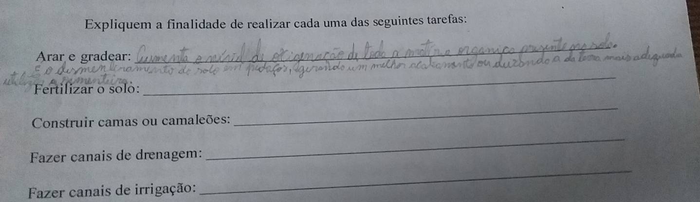 Expliquem a finalidade de realizar cada uma das seguintes tarefas: 
_ 
Arar e gradear: 
_ 
Fertilizar o solo: 
_ 
Construir camas ou camaleões: 
_ 
Fazer canais de drenagem: 
_ 
Fazer canais de irrigação: 
_