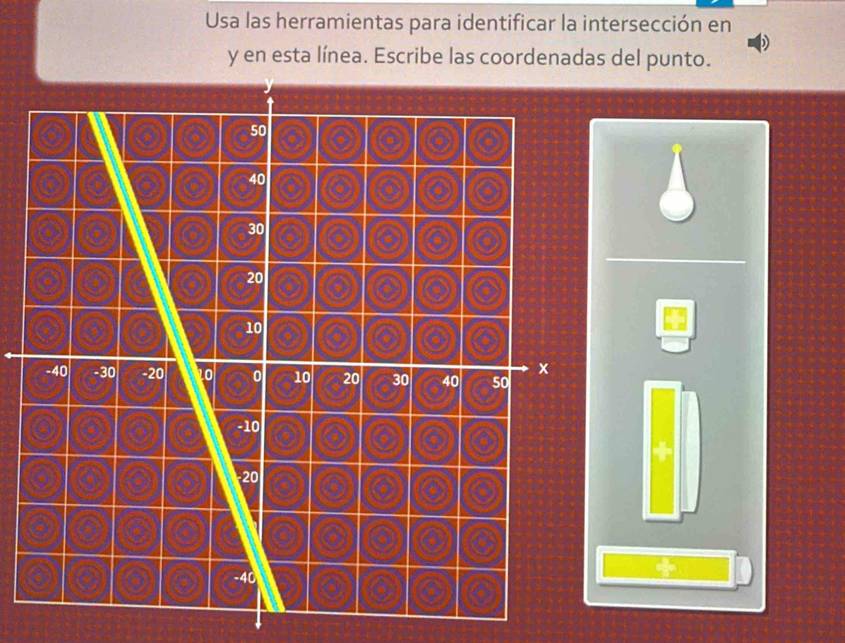 Usa las herramientas para identificar la intersección en 
D
y en esta línea. Escribe las coordenadas del punto.