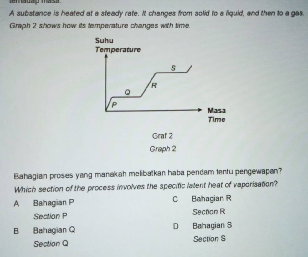 temadap masa.
A substance is heated at a steady rate. It changes from solid to a liquid, and then to a gas.
Graph 2 shows how its temperature changes with time.
Suhu
Temperature
S
R
Q
P
Masa
Time
Graf 2
Graph 2
Bahagian proses yang manakah melibatkan haba pendam tentu pengewapan?
Which section of the process involves the specific latent heat of vaporisation?
A Bahagian P C Bahagian R
Section P
Section R
B Bahagian Q D Bahagian S
Section Q Section S