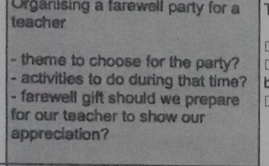 Organising a farewell party for a 
teacher 
- theme to choose for the party? 
- activities to do during that time? 
- farewell gift should we prepare 
for our teacher to show our 
appreciation?