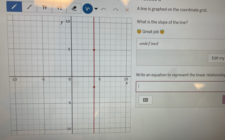 Tr sqrt(± ) A line is graphed on the coordinate grid.
at is the slope of the line?
Great job
ndefined
Edit my
te an equation to represent the linear relationship