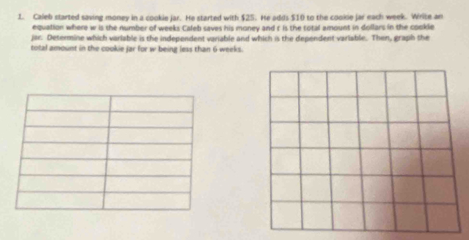 Caleb started saving money in a cookie jar. He started with $25. He adds $10 to the cookie jar each week. Write an 
equation where w is the number of weeks Caleb saves his money and r is the total amount in dollars in the cookle 
jar. Determine which variable is the independent variable and which is the dependent variable. Then, graph the 
total amount in the cookie jar for w being less than 6 weeks.