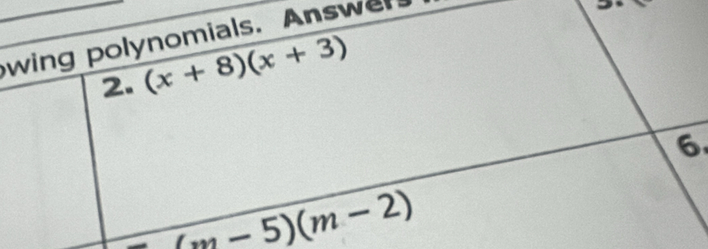 wing polynomials. Answe 
2. (x+8)(x+3)
6
(m-5)(m-2)