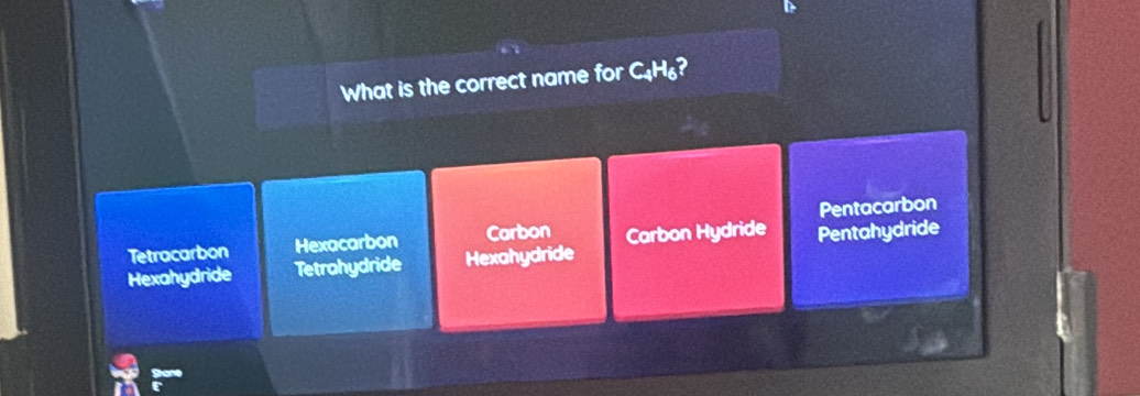 What is the correct name for C₄H₆?
Tetracarbon Hexacarbon Carbon Pentacarbon
Hexahydride Tetrahydride Hexahydride Carbon Hydride Pentahydride