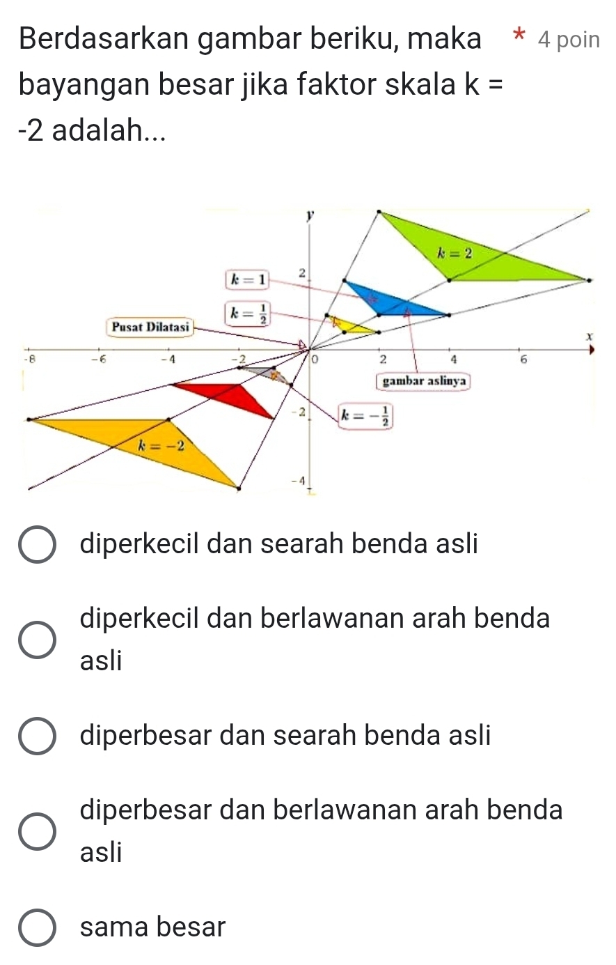 Berdasarkan gambar beriku, maka * 4 poin
bayangan besar jika faktor skala k=
-2 adalah...
diperkecil dan searah benda asli
diperkecil dan berlawanan arah benda
asli
diperbesar dan searah benda asli
diperbesar dan berlawanan arah benda
asli
sama besar