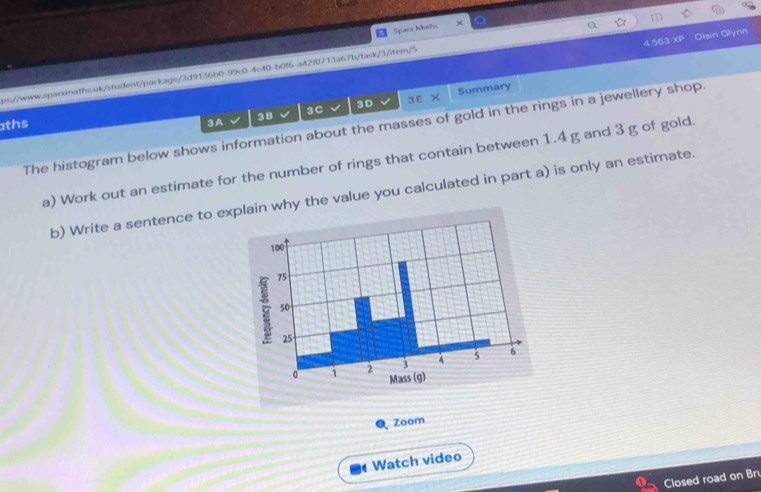 Sipace Mothe × 
ps://wwww.sqarnaths.uk/student/package/3d9136b0-99c0-4c40-b0f6-a42f0713a67b/task/3/iter/5 4.563 overline XP Olsin Glynn 
ths 3A 3B 3C 3D 3E χ Summary 
The histogram below shows information about the masses of gold in the rings in a jewellery shop. 
a) Work out an estimate for the number of rings that contain between 1.4 g and 3 g of gold. 
b) Write a sentence to explain why the value you calculated in part a) is only an estimate. 
Zoom 
Watch video 
Closed road on Bru