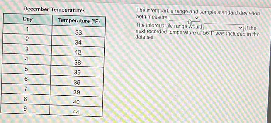 DecemThe interquartile range and sample standard deviation 
both measure 
The interquartile range would 
if the 
next recorded temperature of 56°F
was included in the 
data set