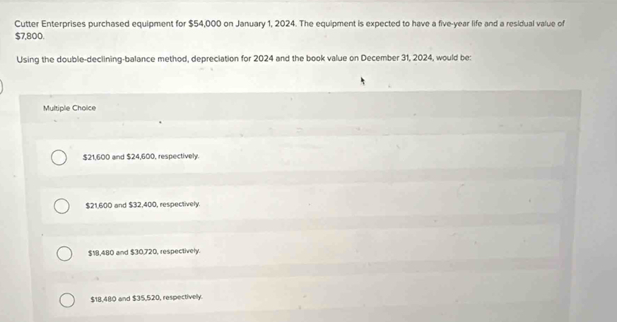 Cutter Enterprises purchased equipment for $54,000 on January 1, 2024. The equipment is expected to have a five-year life and a residual value of
$7,800.
Using the double-declining-balance method, depreciation for 2024 and the book value on December 31, 2024, would be:
Multiple Choice
$21,600 and $24,600, respectively.
$21,600 and $32,400, respectively.
$18,480 and $30,720, respectively.
$18,480 and $35,520, respectively.