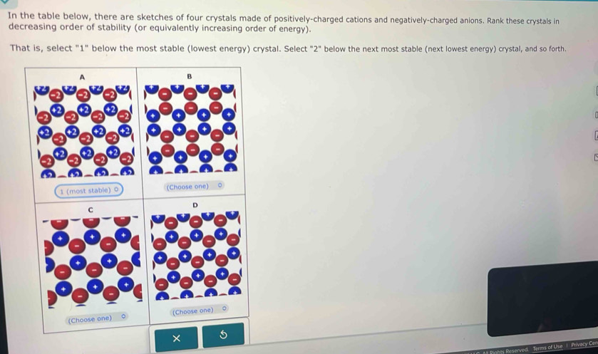 In the table below, there are sketches of four crystals made of positively-charged cations and negatively-charged anions. Rank these crystals in 
decreasing order of stability (or equivalently increasing order of energy). 
That is, select "1" below the most stable (lowest energy) crystal. Select "2" below the next most stable (next lowest energy) crystal, and so forth.
1 (most stable) 0
(Choose 
× 
Peserved. Terms of Use | Privecy Ce