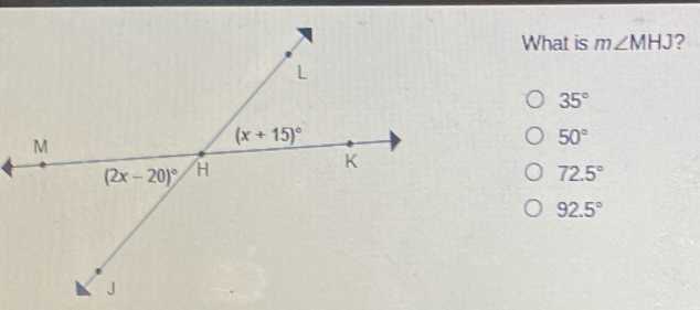 What is m∠ MHJ ?
35°
50°
72.5°
92.5°