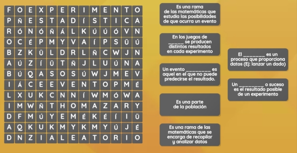 Es una rama
de las matemáticas que
estudia las posibilidades
de que ocurra un evento
En los juegos de
_se producen
distintos resultados
en cada experimento El_ es un
proceso que proporciona
datos (Ej: lanzar un dado)
Un evento _es
aquel en el que no puede
predecirse el resultado.
Un _o suceso
es el resultado posible
de un experimento
Es una parte
de la población
Es una rama de las
matemáticas que se
encarga de recopilar
y analizar datos