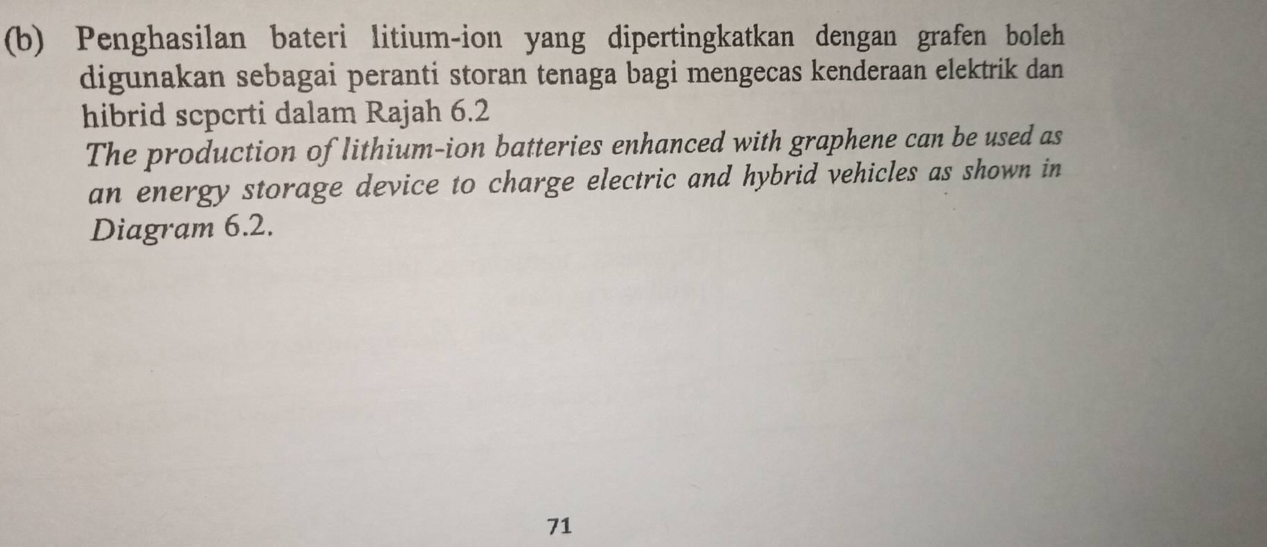 Penghasilan bateri litium-ion yang dipertingkatkan dengan grafen boleh 
digunakan sebagai peranti storan tenaga bagi mengecas kenderaan elektrik dan 
hibrid scperti dalam Rajah 6.2 
The production of lithium-ion batteries enhanced with graphene can be used as 
an energy storage device to charge electric and hybrid vehicles as shown in 
Diagram 6.2. 
71