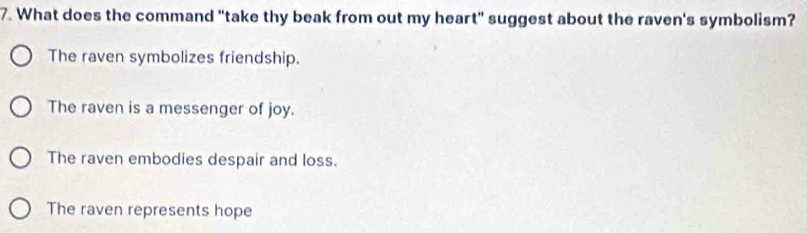 What does the command "take thy beak from out my heart" suggest about the raven's symbolism?
The raven symbolizes friendship.
The raven is a messenger of joy.
The raven embodies despair and loss.
The raven represents hope