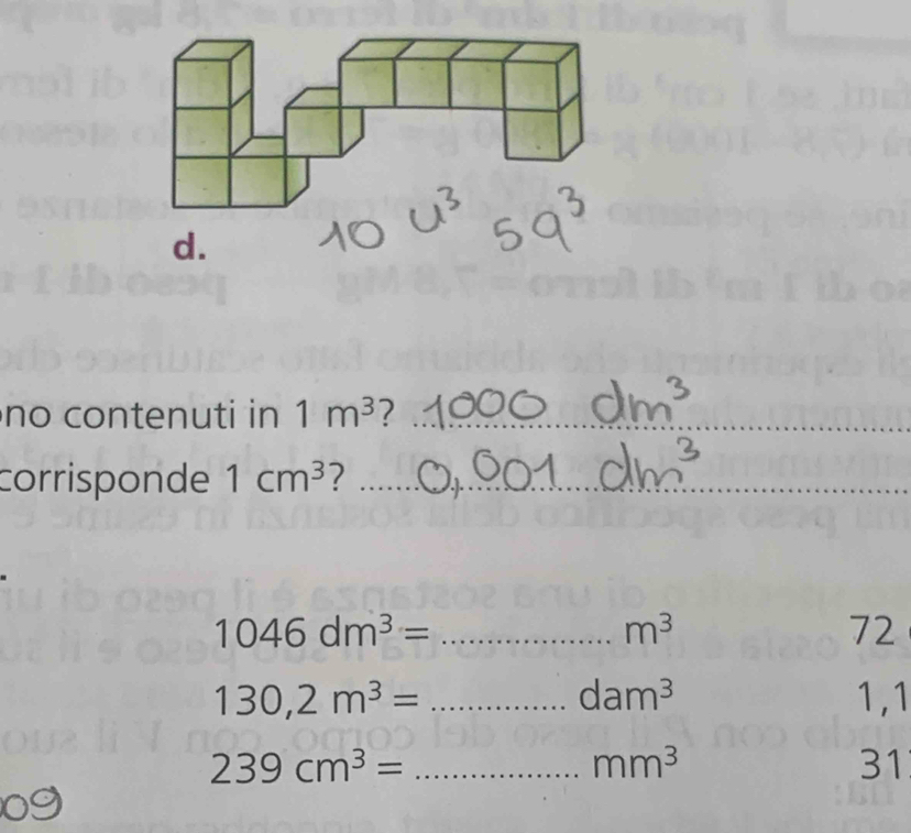 no contenuti in 1m^3 _ 
corrisponde 1cm^3 ?_ 
_ 1046dm^3=
m^3
72
dam^3
130,2m^3= _ 1,1
_ 239cm^3=
mm^3
31