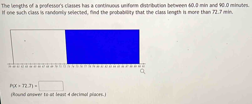 The lengths of a professor's classes has a continuous uniform distribution between 60.0 min and 90.0 minutes. 
If one such class is randomly selected, find the probability that the class length is more than 72.7 min.
P(X>72.7)=□
(Round answer to at least 4 decimal places.)