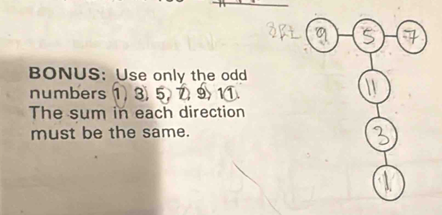 BONUS: Use only the odd 
numbers 1 3 5, 7, 9 1① 、 
The sum in each direction 
must be the same.