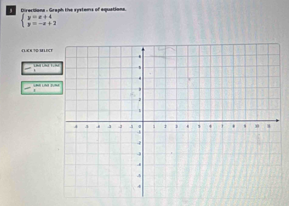 Directions - Graph the systems of equations.
beginarrayl y=x+4 y=-x+2endarray.
CLICK TO SELECT 
LINE LINE 1
' 
LINE LINE Z
2