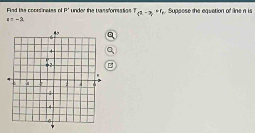 Find the coordinates of P' under the transformation T_(0,-3)or_n. Suppose the equation of line n is
x=-3.