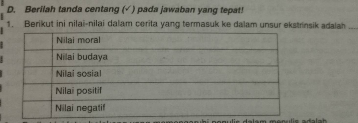 Berilah tanda centang (√ ) pada jawaban yang tepat! 
1. Berikut ini nilai-nilai dalam cerita yang termasuk ke dalam unsur ekstrinsik adalah_