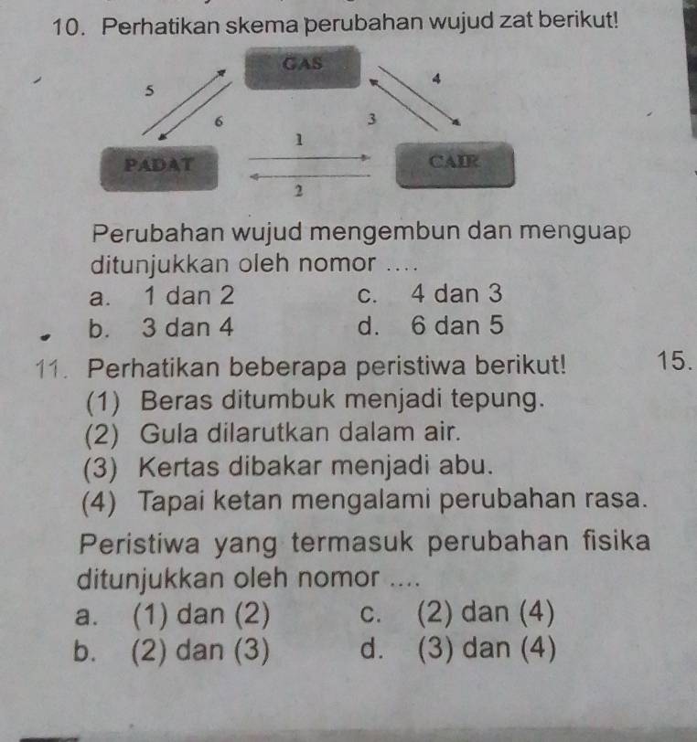 Perhatikan skema perubahan wujud zat berikut!
GAS
4
5
6
3
1
PADAT CAIR
2
Perubahan wujud mengembun dan menguap
ditunjukkan oleh nomor ....
a. 1 dan 2 c. 4 dan 3
b. 3 dan 4 d. 6 dan 5
11. Perhatikan beberapa peristiwa berikut! 15.
(1) Beras ditumbuk menjadi tepung.
(2) Gula dilarutkan dalam air.
(3) Kertas dibakar menjadi abu.
(4) Tapai ketan mengalami perubahan rasa.
Peristiwa yang termasuk perubahan fisika
ditunjukkan oleh nomor ....
a. (1) dan (2) c. (2) dan (4)
b. (2) dan (3) d. (3) dan (4)