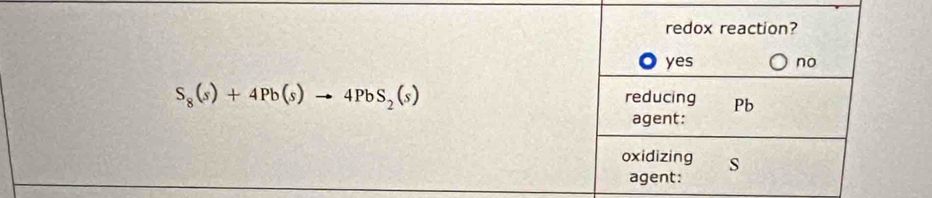 S_8(s)+4Pb(s)to 4PbS_2(s)