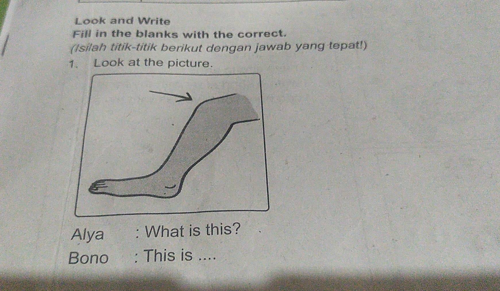 Look and Write 
Fill in the blanks with the correct. 
(Isilah titik-titik berikut dengan jawab yang tepat!) 
1. Look at the picture. 
Alya : What is this? 
Bono : This is ....