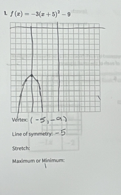 f(x)=-3(x+5)^2-9
Vertex: 
Line of symmetry: 
Stretch: 
Maximum or Minimum: