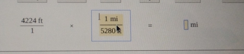 frac  1/2 |
 4224ft/1  ×  11mi/5280k  □ = 
□ mi