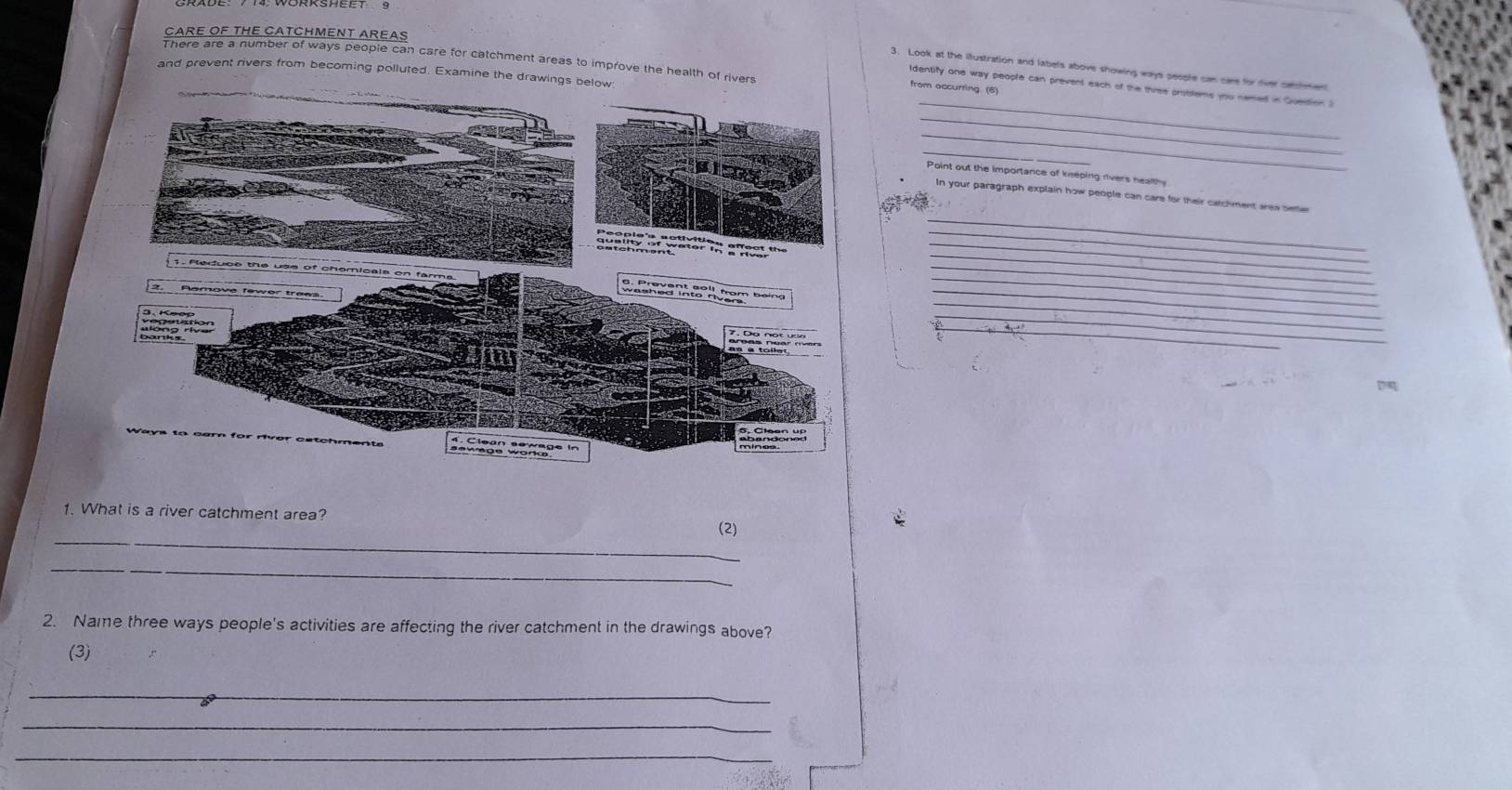 CARE OF THE CATCHMENT AREAS 
There are a number of ways peopie can care for catchment areas to improve the health of rivers 
3. Look at the ilustration and labels above showing ways people can care for fiver catchmen 
and prevent rivers from becoming polluted. Examine the drawings below. 
ldentify one way people can prevent each of the three problems you nemed in Quetion ? 
from occurring. (6) 
_ 
_ 
_ 
_ 
Point out the importance of keeping rivers heath 
In your paragraph explain how people can care for their catchment area setter 
_ 
_ 
_ 
_ 
___ 
_ 
1. What is a river catchment area? 
_ 
(2) 
_ 
2. Name three ways people's activities are affecting the river catchment in the drawings above? 
(3) 
_ 
_ 
_