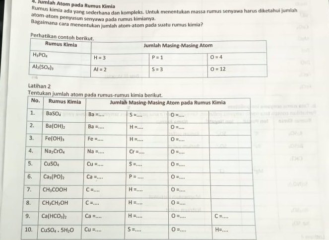 Jumlah Atom pada Rumus Kimia
Rumus kimia ada yang sederhana dan kompleks. Untuk menentukan massa rumus senyawa harus diketahui jumlah
atom-atom penyusun senyawa pada rumus kimianya.
Bagaimana cara menentukan jumlah atom-atom pada suatu rumus kimia?
Latihan 2
and