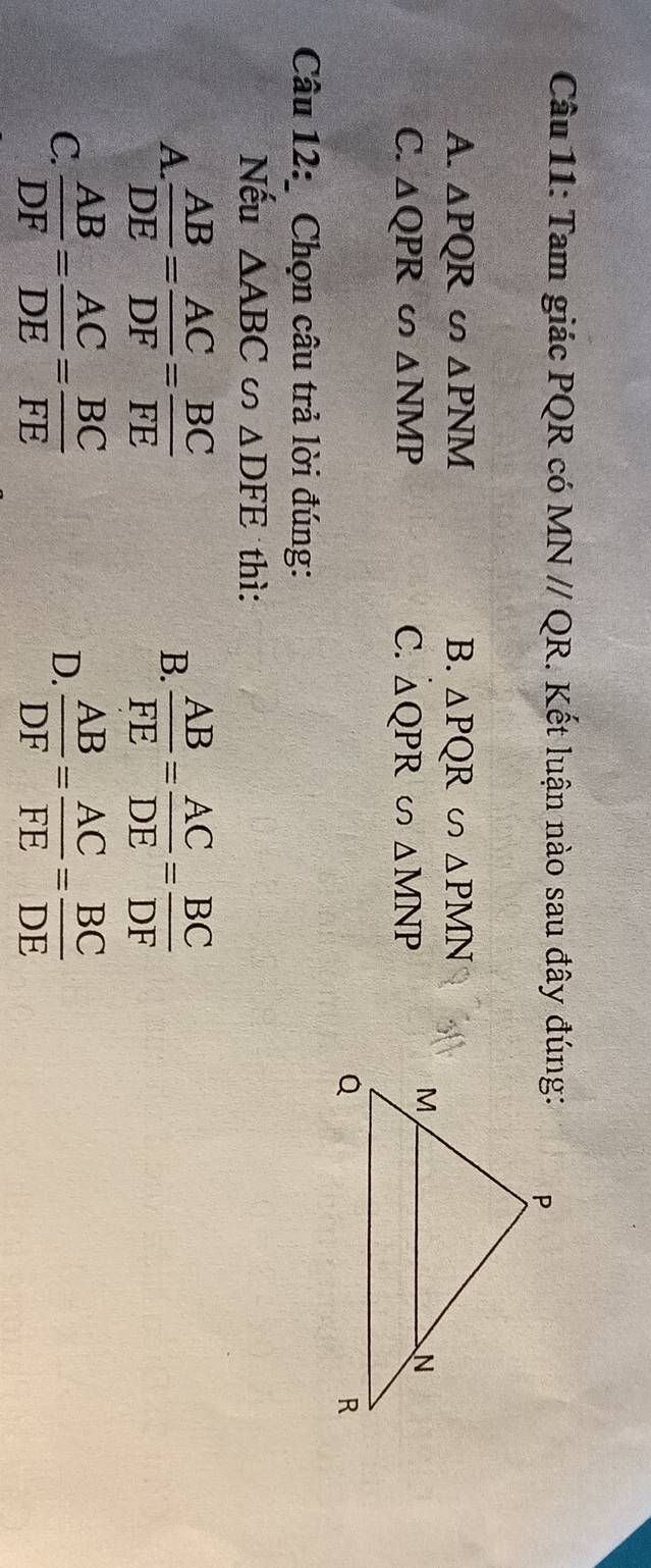 Tam giác PQR có MN//QR. Kết luận nào sau đây đúng:
A. △ PQR △ PNM B. △ PQR∽ △ PMN
C. △ QPR △ NMP C. △ QPR∽ △ MNP
Câu 12:_ Chọn câu trả lời đúng:
Nếu △ ABC u △ DFE thì:
A.  AB/DE = AC/DF = BC/FE   AB/FE = AC/DE = BC/DF 
B.
C.  AB/DF = AC/DE = BC/FE   AB/DF = AC/FE = BC/DE 
D.