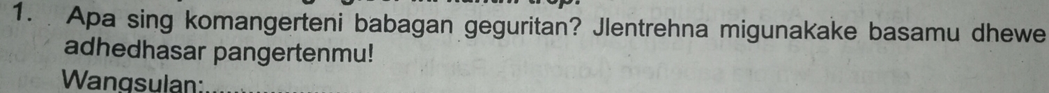Apa sing komangerteni babagan geguritan? Jlentrehna migunakake basamu dhewe 
adhedhasar pangertenmu! 
Wangsulan: