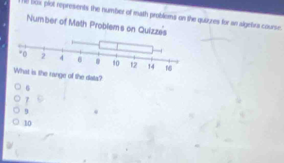 he box plot represents the number of math proble quizzes for an algefra course.
e range of the data?
6
7
9
10