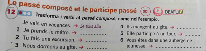 Le passé composé et le participe passé DDI DEAFLM 
12 Trasforma i verbi al passé composé, come nell'esempio. 
Je vais en vacances. → Je suis allé 4 Ils mangent au gîte. 
1 Je prends le métro. _5 Elle participe à un tour.__ 
2 Tu fais une excursion. _ 6 Vous êtes dans une auberge de 
3 Nous dormons au gîte. _jeunesse._