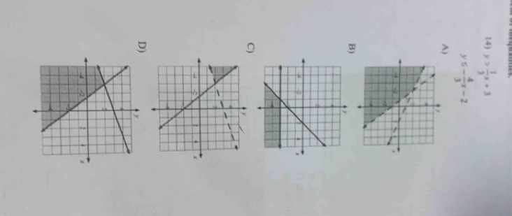 y> 1/3 x+3
y≤ - 4/3 x-2
A)
B)
C)
D)