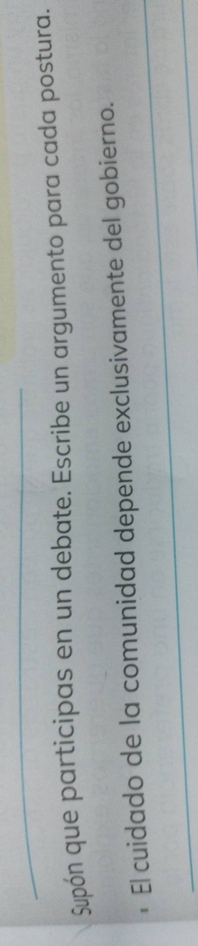 Supón que participas en un debate. Escribe un argumento para cada postura. 
_ 
* El cuidado de la comunidad depende exclusivamente del gobierno. 
_