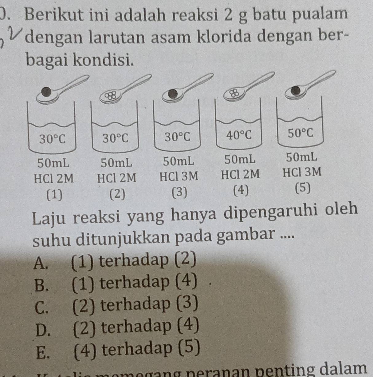 Berikut ini adalah reaksi 2 g batu pualam
dengan larutan asam klorida dengan ber-
bagai kondisi.
8
30°C
30°C
30°C
40°C
50°C
50mL 50mL 50mL 50mL 50mL
HCl 2M HCl 2M HCl 3M HCl 2M HCl 3M
(1) (2) (3)
(4) (5)
Laju reaksi yang hanya dipengaruhi oleh
suhu ditunjukkan pada gambar ....
A. (1) terhadap (2)
B. (1) terhadap (4) .
C. (2) terhadap (3)
D. (2) terhadap (4)
E. (4) terhadap (5)
n em e g ang peranan penting dalam