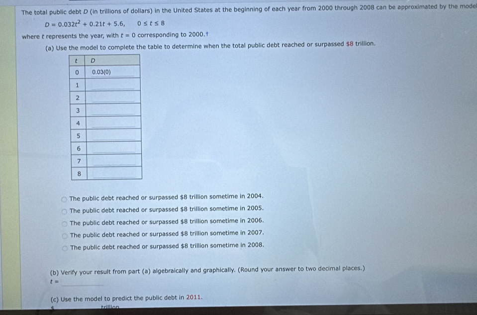 The total public debt D (in trillions of dollars) in the United States at the beginning of each year from 2000 through 2008 can be approximated by the mode
D=0.032t^2+0.21t+5.6, 0≤ t≤ 8
where t represents the year, with t=0 corresponding to 2000.†
(a) Use the model to complete the table to determine when the total public debt reached or surpassed $8 trillion.
The public debt reached or surpassed $8 trillion sometime in 2004.
The public debt reached or surpassed $8 trillion sometime in 2005.
The public debt reached or surpassed $8 trillion sometime in 2006.
The public debt reached or surpassed $8 trillion sometime in 2007.
The public debt reached or surpassed $8 trillion sometime in 2008.
(b) Verify your result from part (a) algebraically and graphically. (Round your answer to two decimal places.)
_
t=
(c) Use the model to predict the public debt in 2011.
trillion