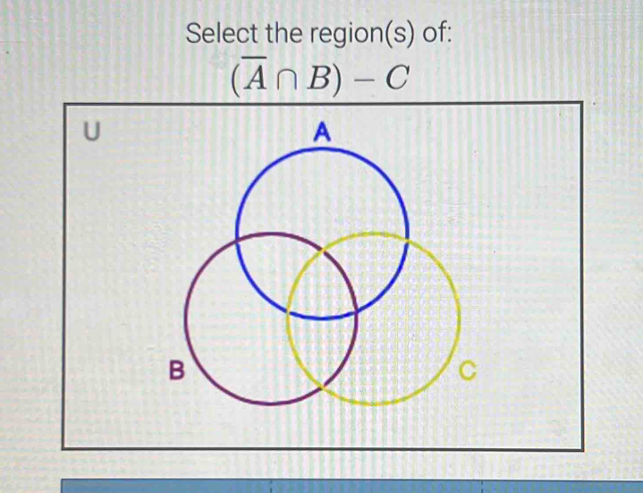 Select the region(s) of:
(overline A∩ B)-C
U