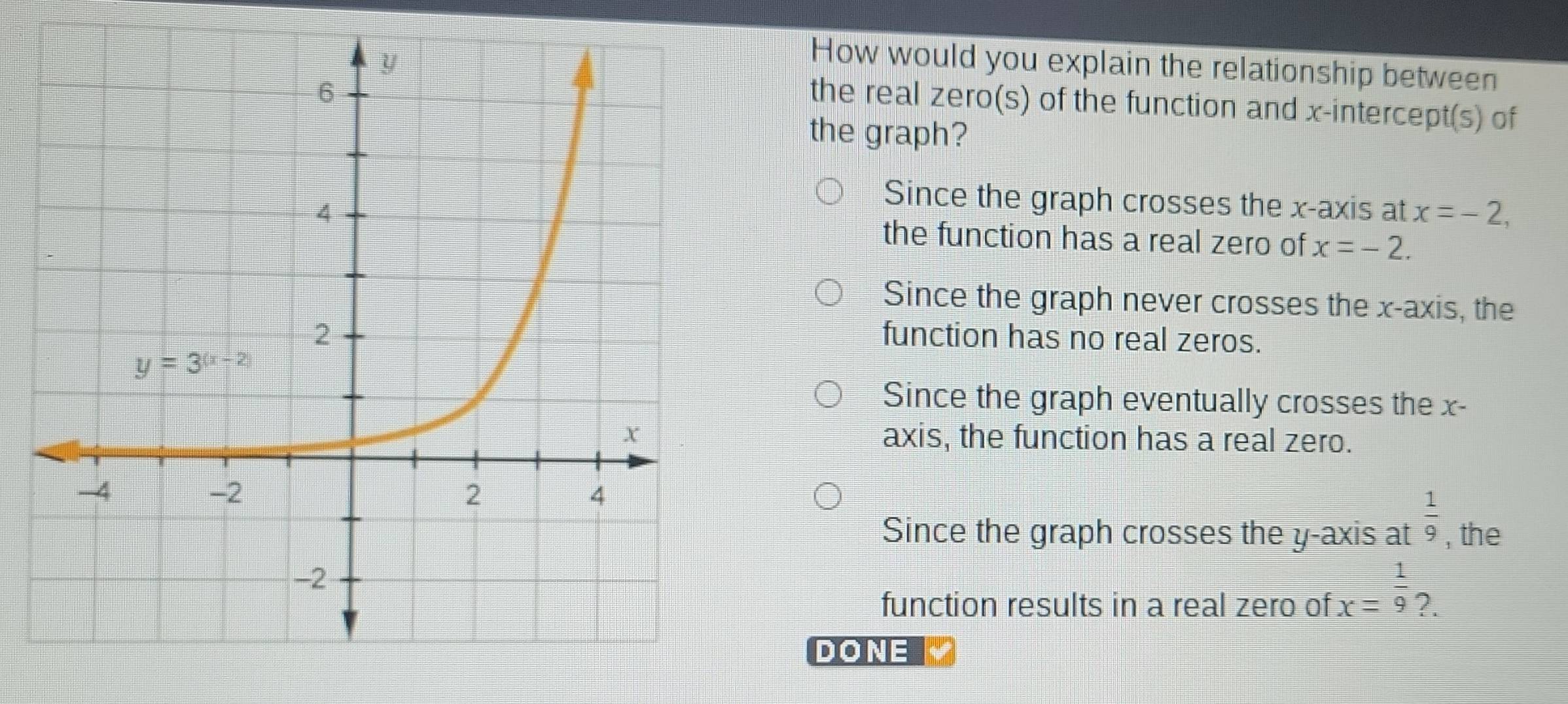 How would you explain the relationship between
the real zero(s) of the function and x-intercept(s) of
the graph?
Since the graph crosses the x-axis at x=-2,
the function has a real zero of x=-2.
Since the graph never crosses the x-axis, the
function has no real zeros.
Since the graph eventually crosses the x-
axis, the function has a real zero.
Since the graph crosses the y-axis at  1/9  , the
function results in a real zero of x= 1/9  ?.
DONE