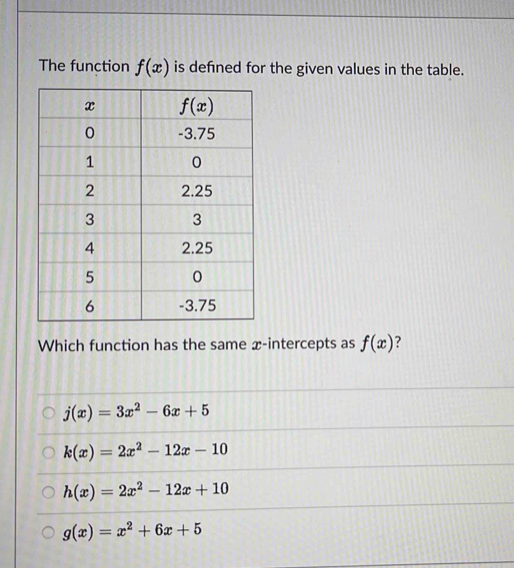 The function f(x) is defned for the given values in the table.
Which function has the same x-intercepts as f(x)
j(x)=3x^2-6x+5
k(x)=2x^2-12x-10
h(x)=2x^2-12x+10
g(x)=x^2+6x+5