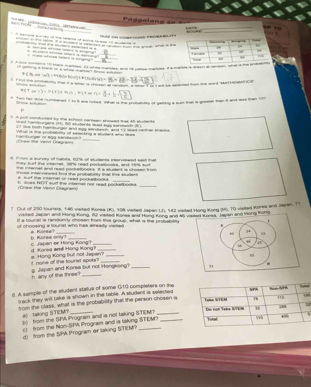 Paggalang sa «-
_
SECTION
DATE:
_1P 10
SCORE_
QUIZ ON COMPOUND PROBABILITY
1 A sample survey of the talents of some Grade 10 students is
shown in the table. If a student is selected at random from this group, what is the
probability that the student selected is a __
a. female whose talent is singing?
b student whose talent is dancing?
c male whose talent is singing?
2. A box contains 10 black marbles, 22 white marbles, and 18 yellow marbles. If a marble is drawn at random,
of getting a black or a white marble? Show solution.
P(Borw))=P(B)+P(w)iP(Bbirli)=
a = 16/25 
3. Find the probability that if a letter is chosen at random, a letter T or I will be selected from the word "MATHEMATICS"
Show solution
P(Tor1)=P(T)+P(1),P(Tor1)= 2/11 + 1/11 =sqrt(frac 3)11
4 Two fair dice numbered 1 to 6 are rolled. What is the probability of getting a sum that is greater than 6 and less than 10?
Show solution
P
5. A poll conducted by the school canteen showed that 45 students
liked hamburgers (H), 60 students liked egg sandwich (E).
27 like both hamburger and egg sandwich, and 12 liked neither snacks.
What is the probability of selecting a student who likes
_
hamburger or egg sandwich?
(Draw the Venn Diagram)
6. From a survey of habits, 62% of students interviewed said that
they surf the internet, 38% read pocketbooks, and 16% surf
the internet and read pocketbooks. If a student is chosen from
those interviewed find the probability that this student
a surf the internet or read pocketbooks._
b. does NOT surf the internet nor read pocketbooks._
(Draw the Venn Diagram)
7. Out of 250 tourists, 146 visited Korea (K), 108 visited Japan (J). 142 visited Hong Kong (H), 70 visited Korea and Japan, 71
visited Japan and Hong Kong, 82 visited Korea and Hong Kong and 46 visited Korea, Japan and Hong Kong.
If a tourist is randomly chosen from this group, what is the probability J
of choosing a tourist who has already visited K
a. Korea? _24 13
40
b. Korea only?_
46
c. Japan or Hong Kong? _25
36
d. Korea and Hong Kong?_
e. Hong Kong but not Japan?_
35
f none of the tourist spots?_
g. Japan and Korea but not Hongkong?_
31
H
h. any of the three?_
l
8 A sample of the student status of some G10 completers on the
track they will take is shown in the table. A student is selected
from the class, what is the probability that the person chosen is0
2
a) taking STEM?
b) from the SPA Program and is not taking STEM?__
c) from the Non-SPA Program and is taking STEM?
5
d) from the SPA Program or taking STEM?