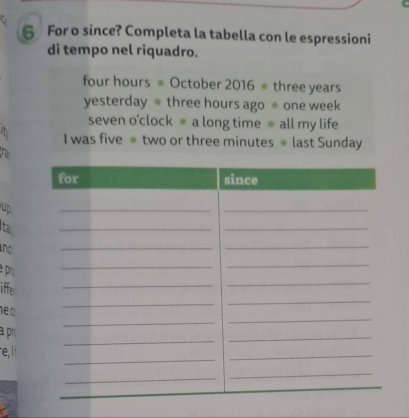 For o since? Completa la tabella con le espressioni 
di tempo nel riquadro.
four hours October 2016 three years
yesterday three hours ago one week
seven o’clock a long time ● all my life 
a 
I was five two or three minutes last Sunday 
ra 
up 
ta 
nd 
epr 
iffe 
he a 
a pr 
e, lt